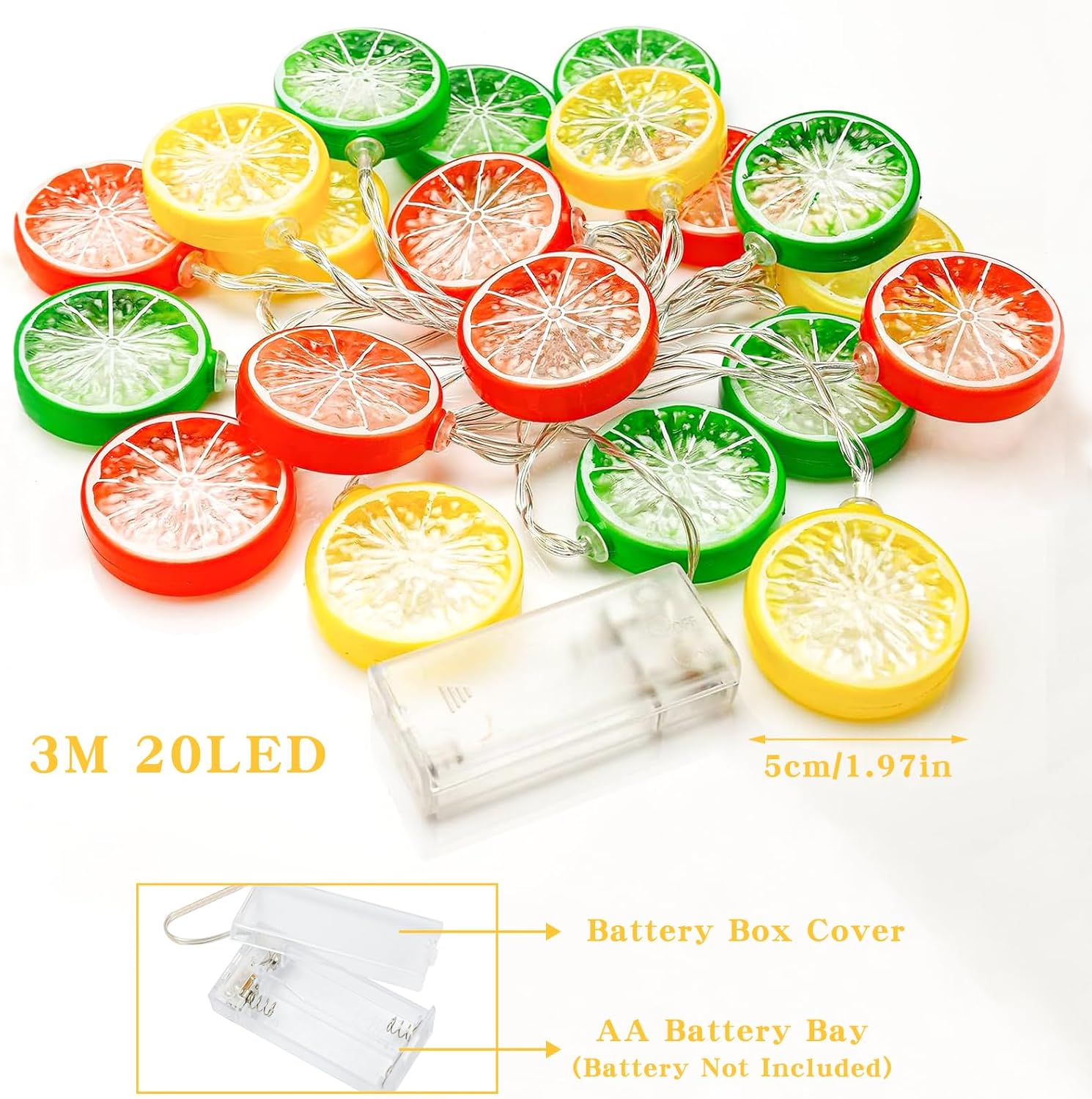 Guirlande lumineuse citrons 3m 20 LED – Modèle à piles [lumière fixe + lumière clignotante] – Lumières décoratives citron jaune orange vert - 2