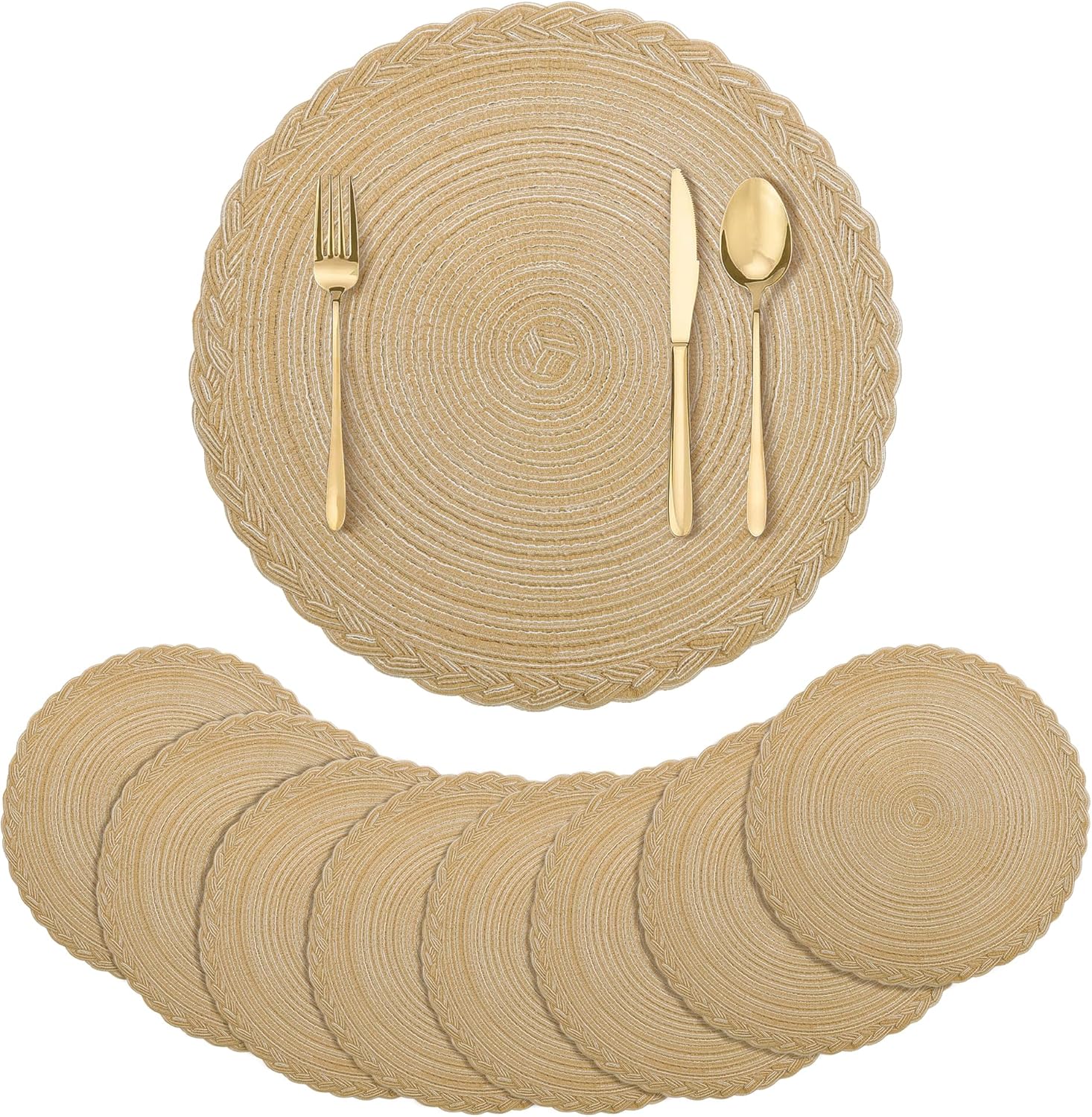 WONDOCK Set De 12 Manteles Individuales Redondos Trenzados Con Posavasos, Antideslizantes Y