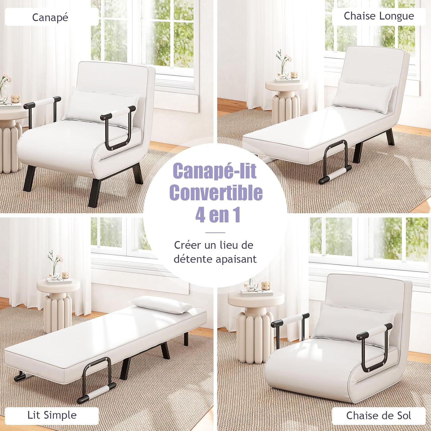 Canapé-lit Convertible, Fauteuil Convertible Lit, avec Dossier Réglable en 6 Positions, Oreiller Amovible, Canapé-lit Pliable 1 Place (Blanc) - 8