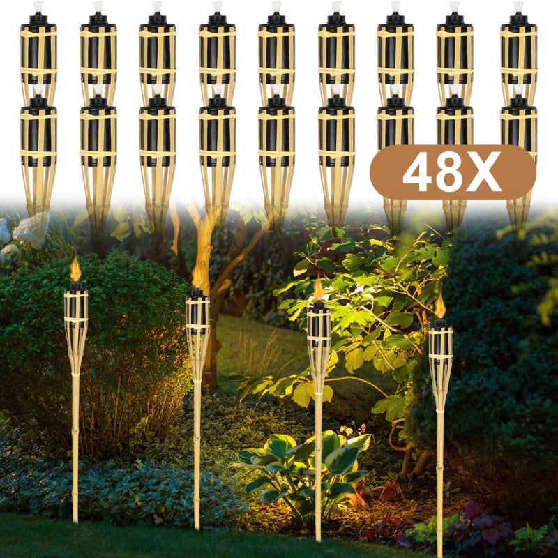 Zestaw 48 pochodni ogrodowych, bambusowych, z knotem, oświetlenie nastrojowe, wysokość: 90 cm, kolor naturalny