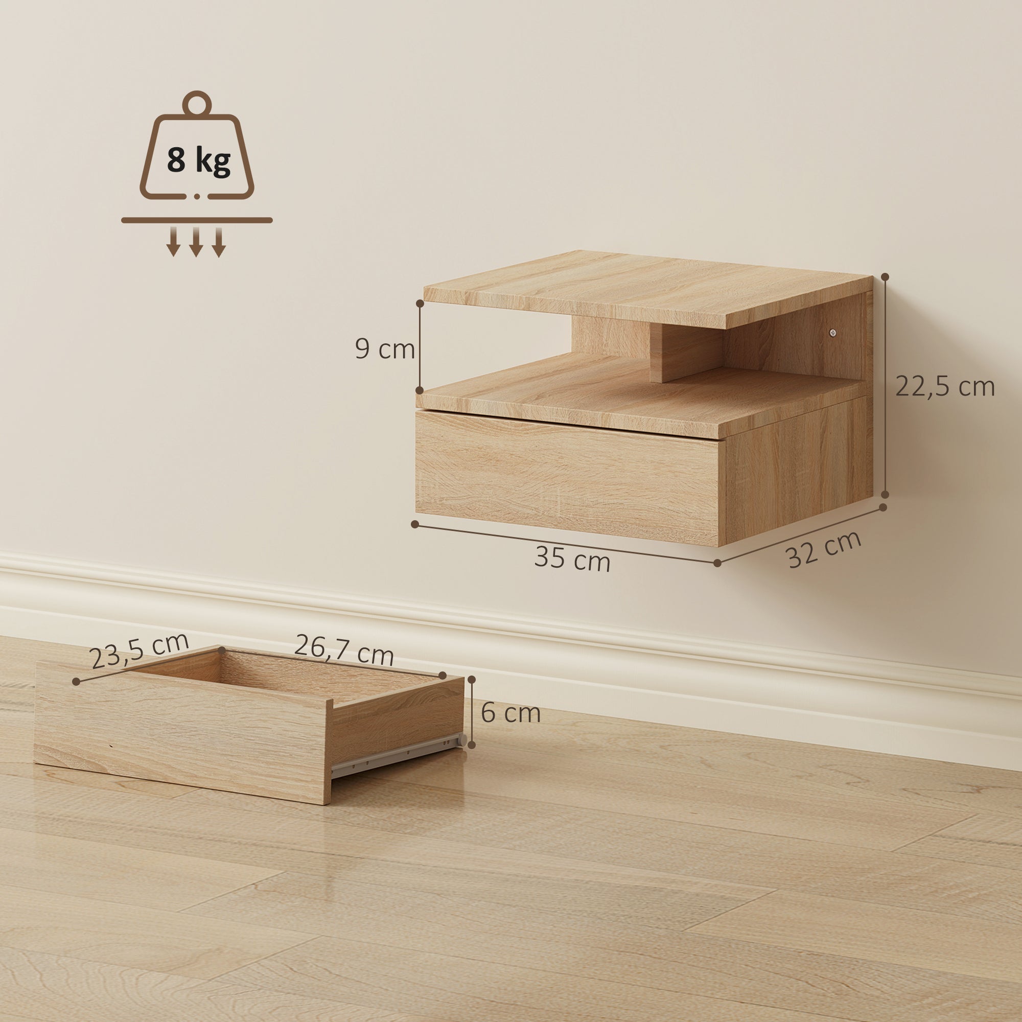 HOMCOM Set de 2 Mesitas de Noche Flotantes Mesillas de Noche de Pared con 1 Cajón y Estante Abierto Diseño Moderno para Dormitorio 35x32x22,5 cm - 4