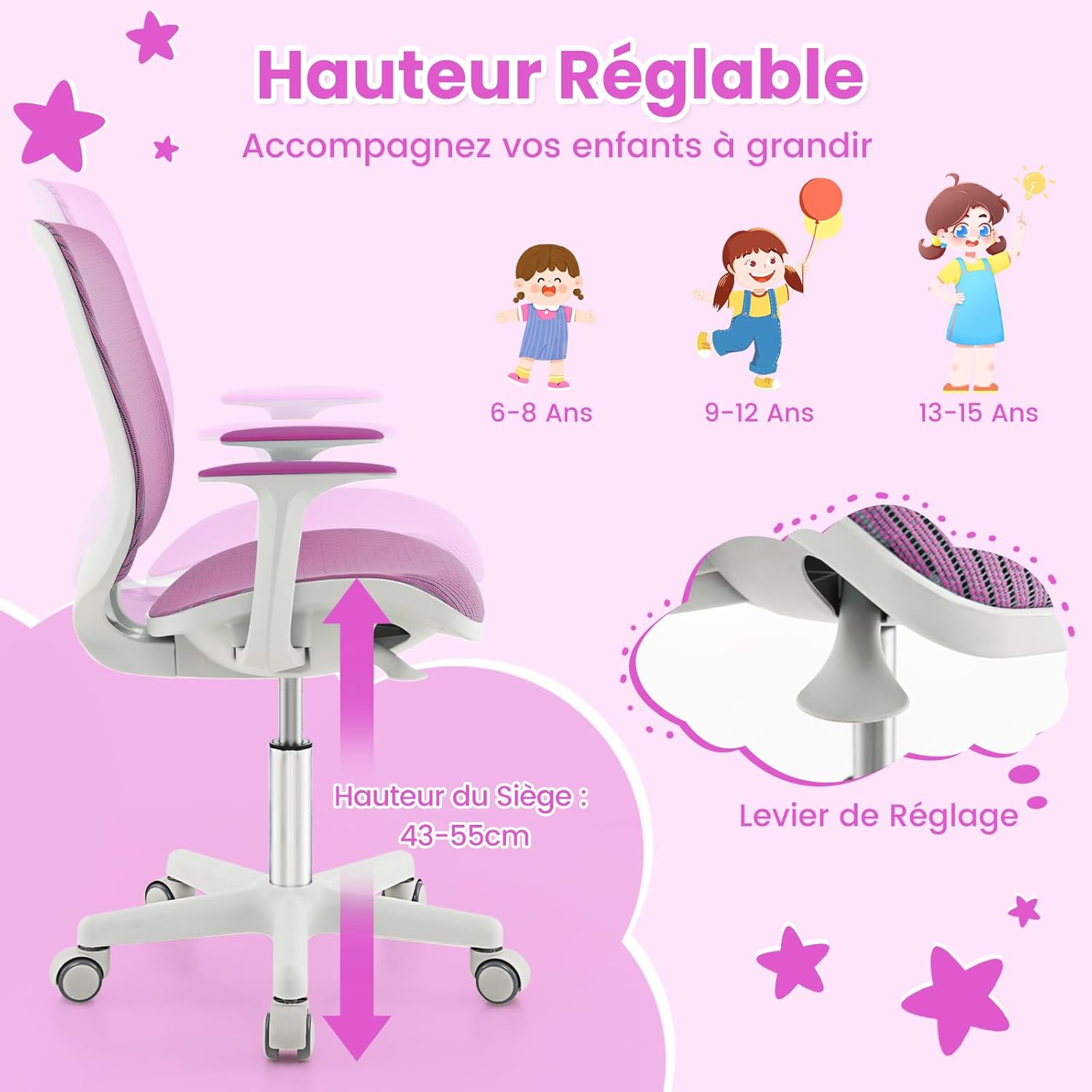 Silla de Escritorio para Niños, Silla Infantil Giratoria para Computadora con Altura Ajustable, Ruedas con Freno, Reposabrazos Lisos, Silla Er - 4