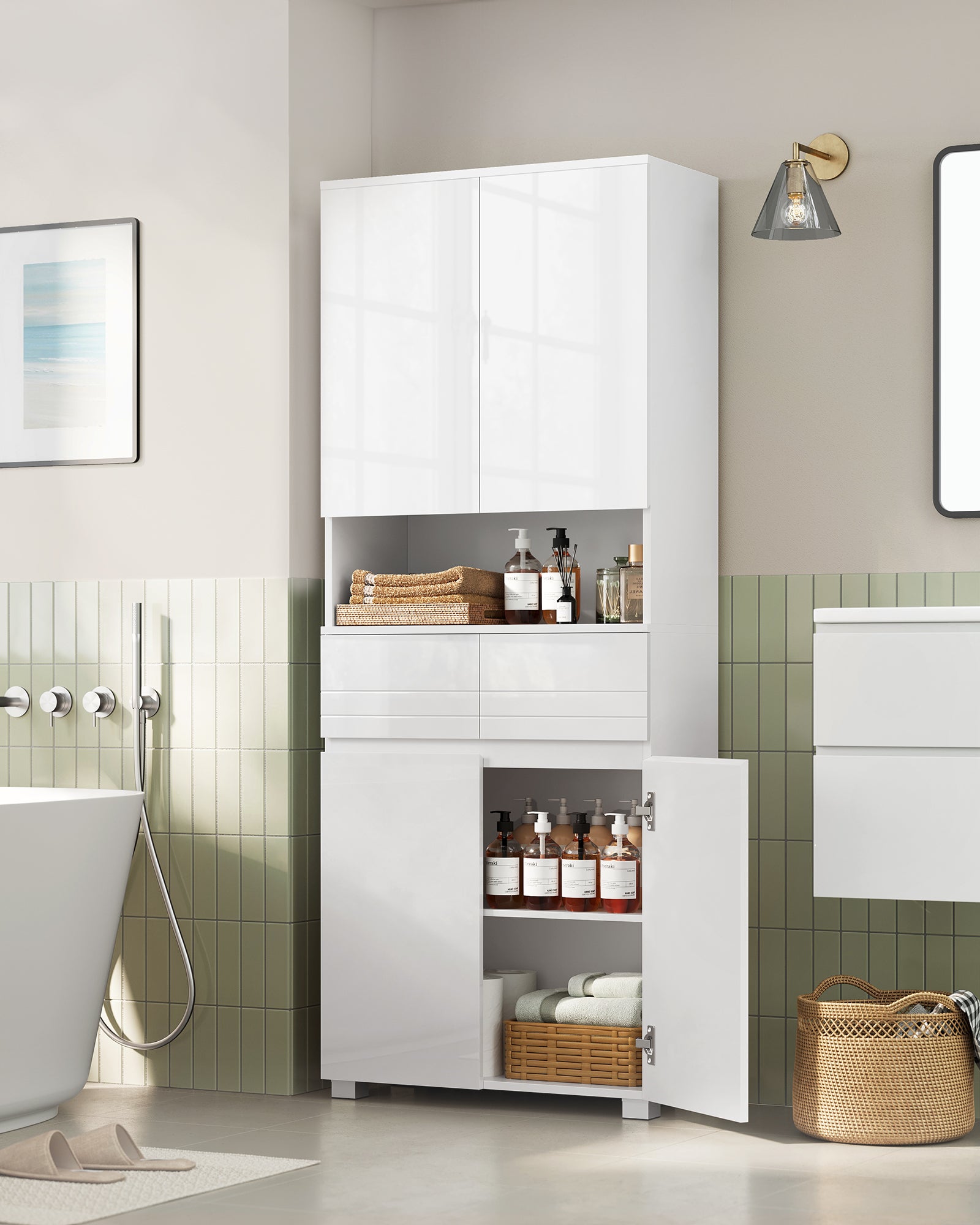 Armoire de Salle de Bain, Meuble de Rangement, Colonne, avec 2 Tiroirs, Étagères Réglables, Compartiments, 30 x 60 x 170 cm, Blanc Nuage - 2