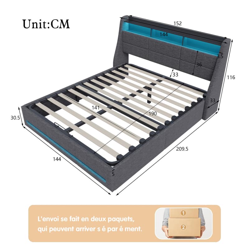 Cama doble de 140x190 cm en lino gris con almacenamiento hidráulico, cabecero con puertos USB y tiras de luces LED RGB. - 4