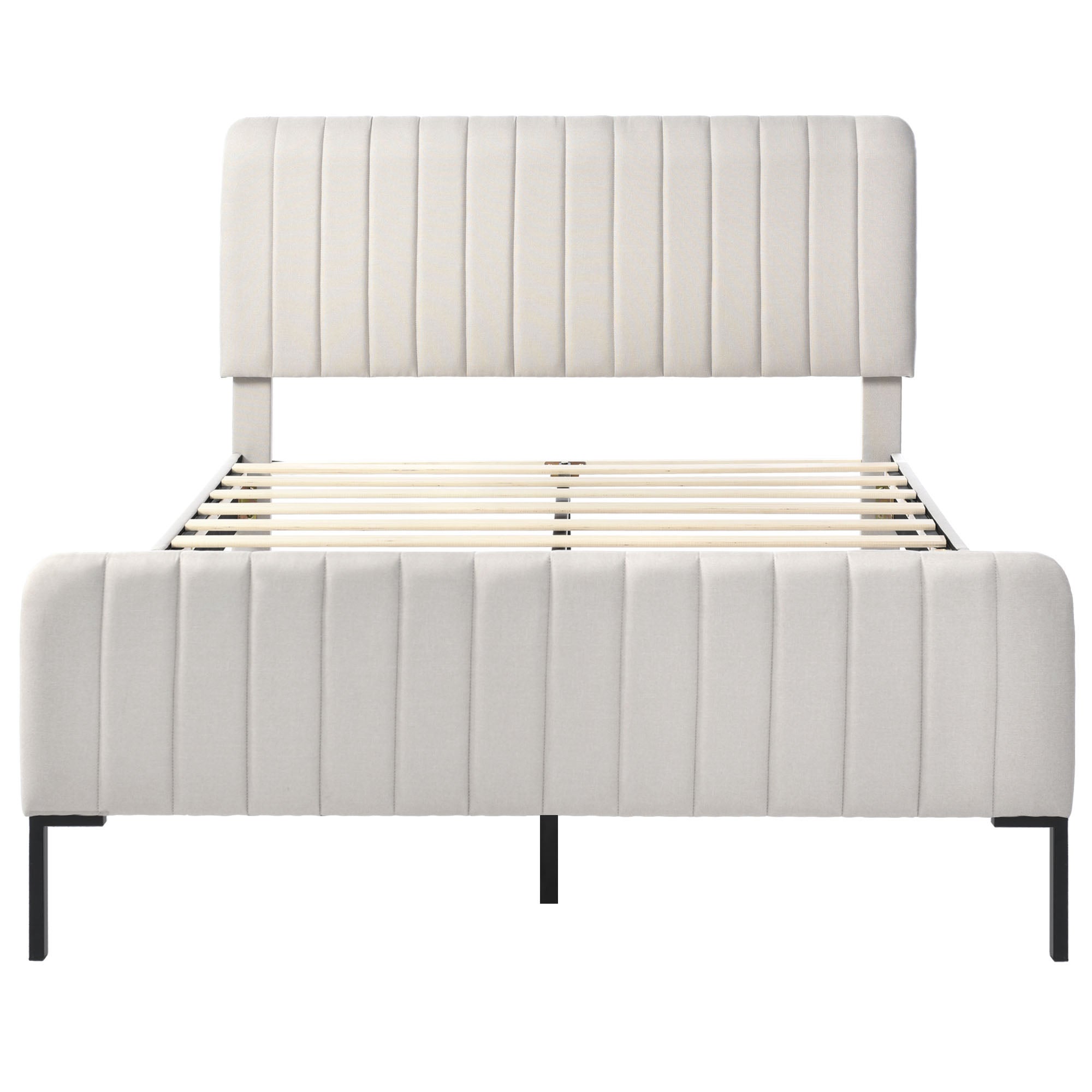 Łóżko dwuosobowe tapicerowane w tkaninie lnianej - 180x200 cm - z regulowanym wezgłowiem i stelażem na listwy - Jasnoszare - 4