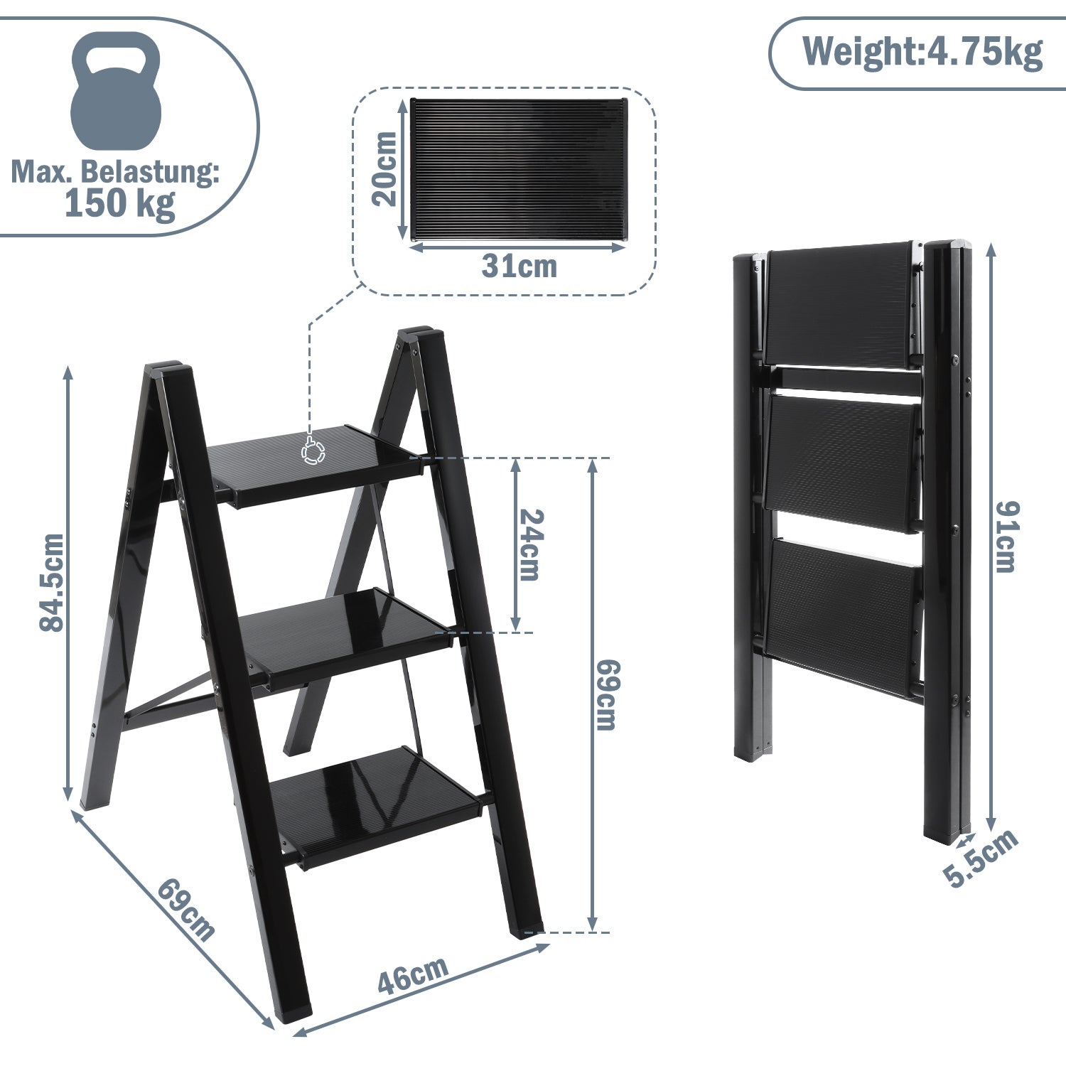 Escabeau Pliable LIEKUMM - Support 150kg, 38x26x18cm, Noir, Pour Camping/Cuisine