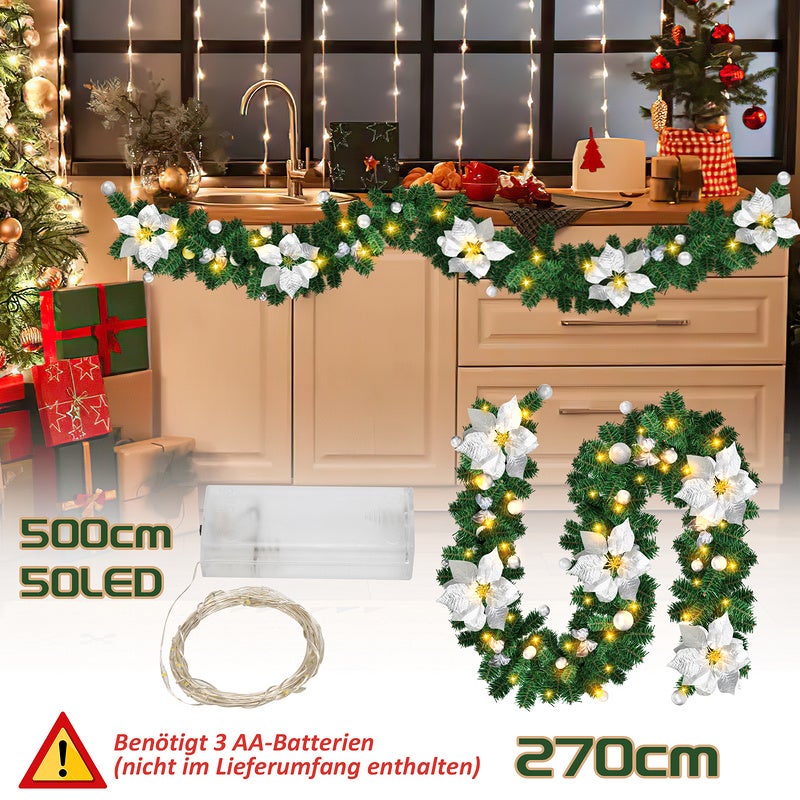 Ghirlanda Di Pino Artificiale Di 2 Metri Con LED A Batteria – Bianco E Verde, Per Interni Ed Esterni, Decorazione Natalizia