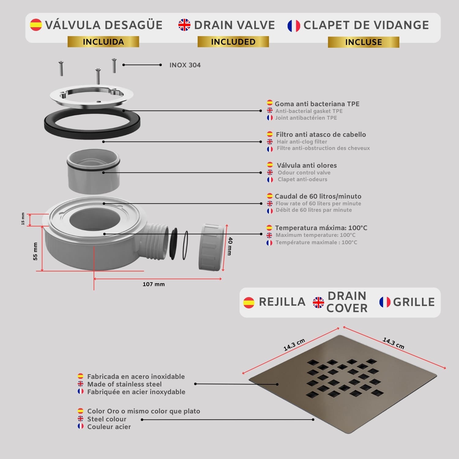 Receveur de Douche -Résine -Gel Coat -Texture Lisse/Pierre -Antidérapant -Couleur Blanc - 120x80- Extra plat 3cm. GRILLE MÊME COULEUR - 8