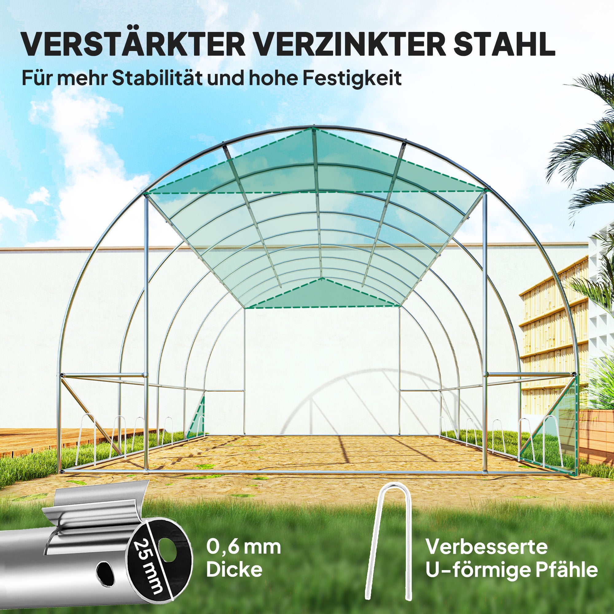 Serre tunnel en polyéthylène avec couverture plastique et structure en acier, tente de serre accessible à pied avec portes enroulables, verte - 6