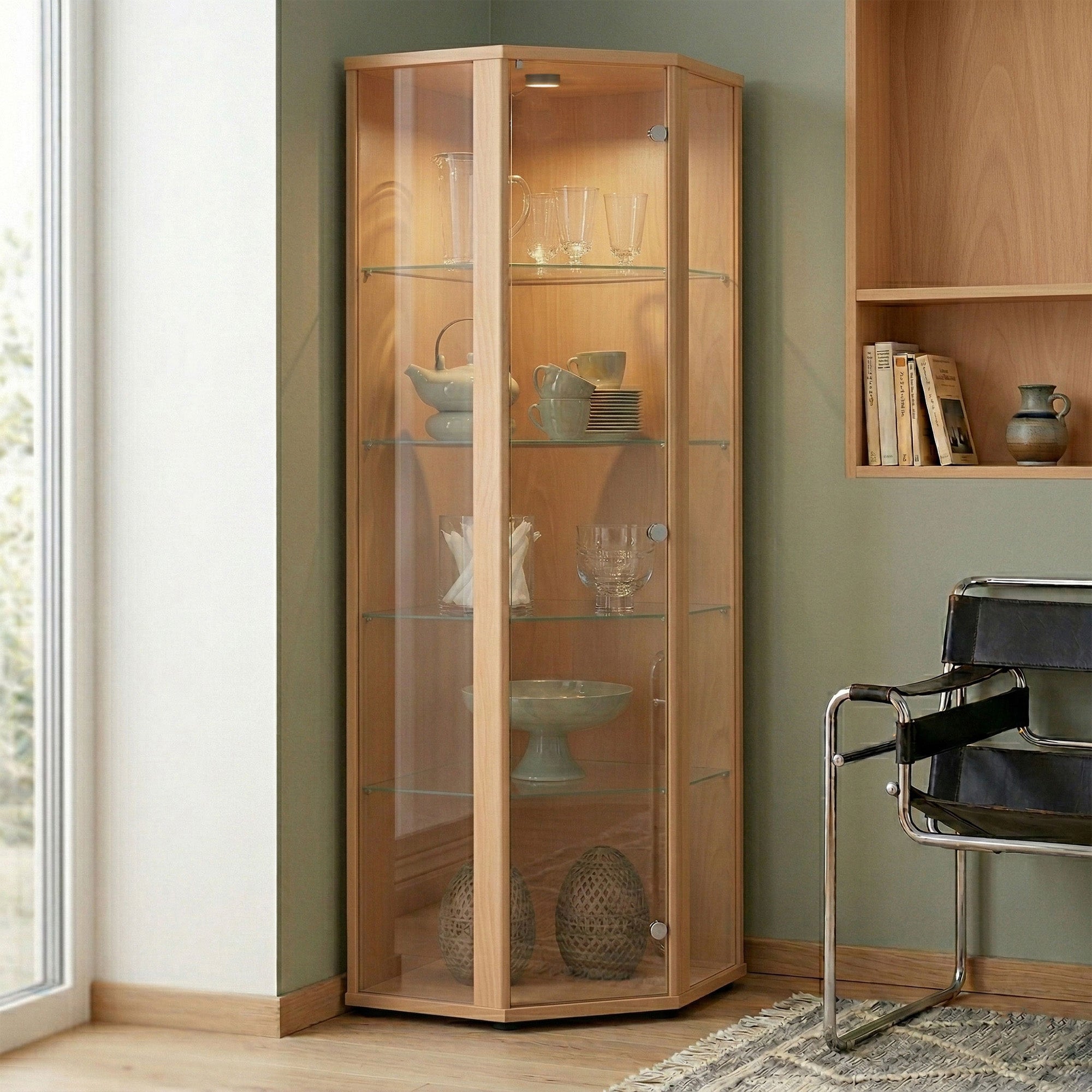 K-Möbel Szklana witryna narożna stojąca, 176x56,5x56,5 cm, Made in Germany, z LED i 4 szklanymi półkami, Buk