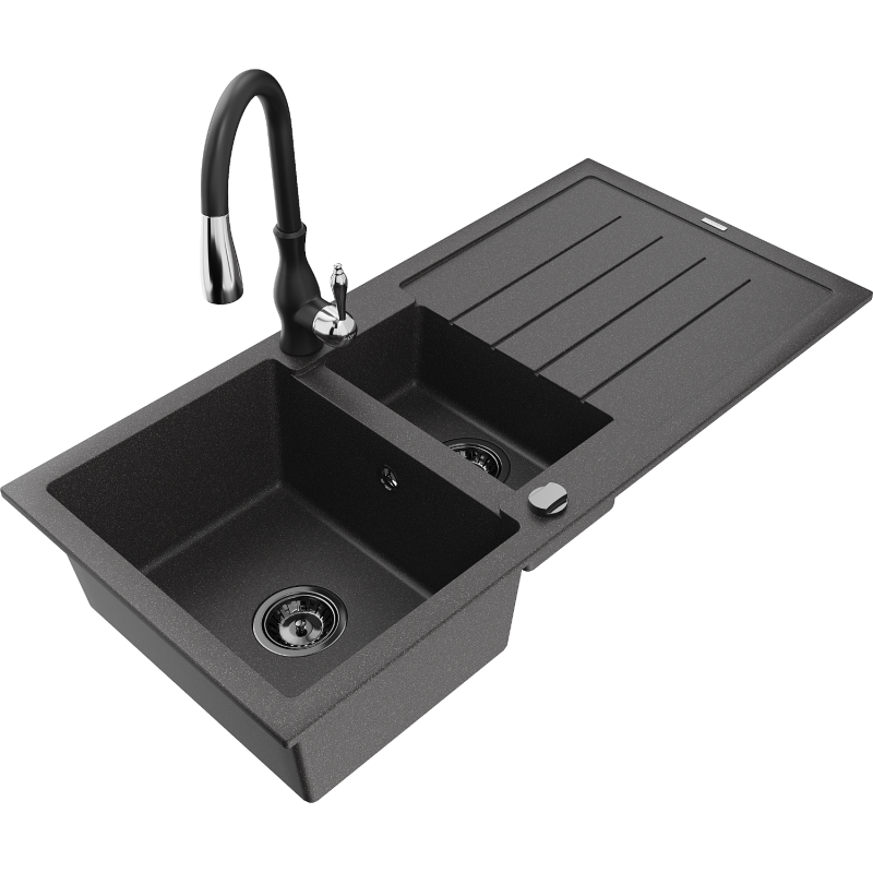 Mexen Andres zlewozmywak granitowy 1,5-komorowy z ociekaczem i baterią kuchenną Savita, czarny nakrapiany - 6515-76-672601-70-B