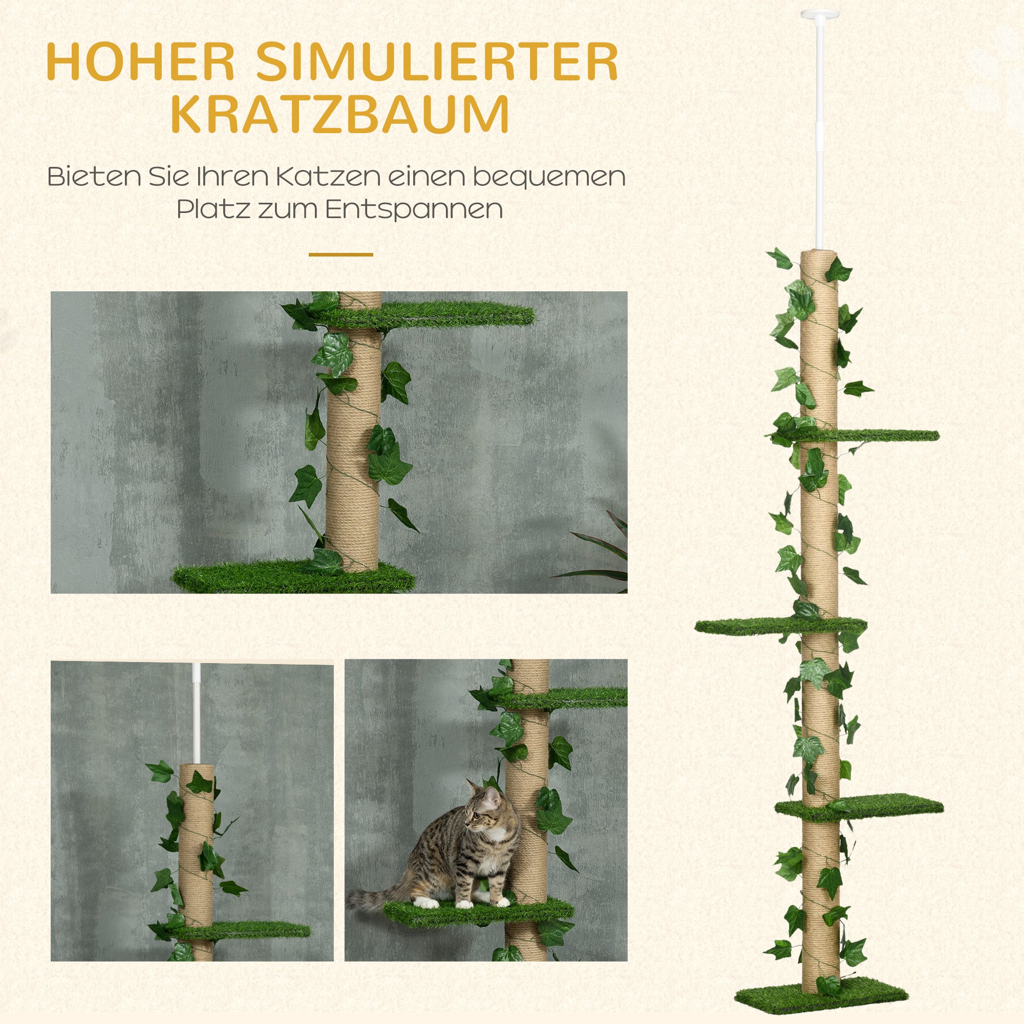 Arranhador para gatos com altura ajustável de 202 a 242 cm, árvore de escalada com altura regulável e dispositivo anti-tombamento, árvore de juta para - 4
