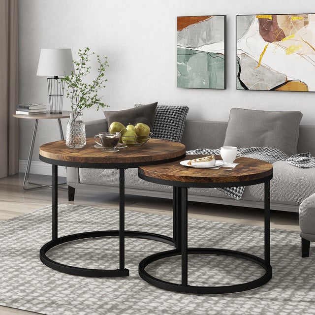 Lot de 2 tables basses gigognes, table d'appoint ronde en MDF, placage marbré, style industriel, marron