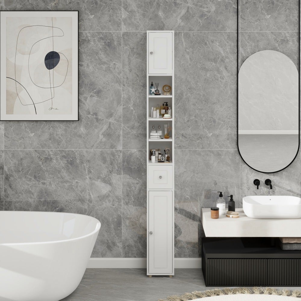 Biała szafka łazienkowa kolumnowa 180 cm – smukła, wysoka szafka z szufladą, drzwiami i regulowanymi półkami, nowoczesny design