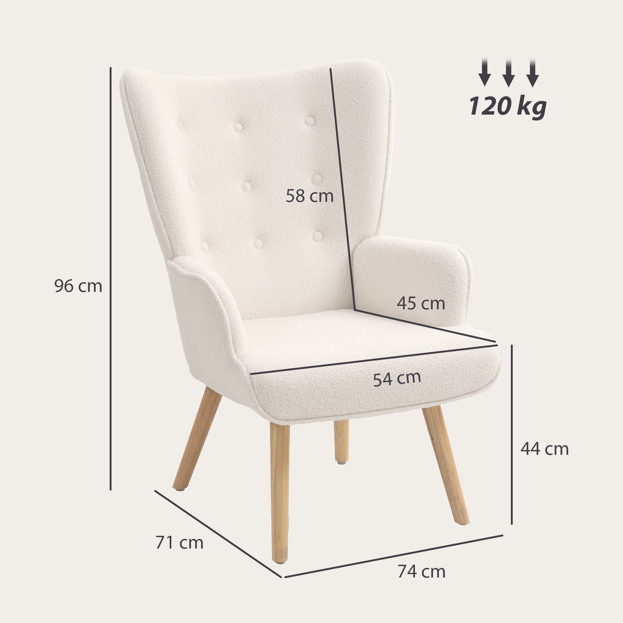 Fauteuil de salon en tissu bouclé, capitonné et rembourré, pieds en bois, 71 x 74 x 96 cm, beige - 5