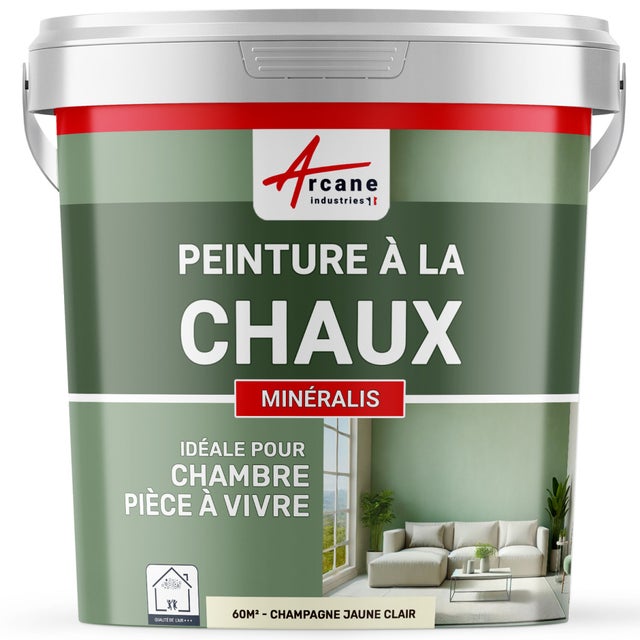 PEINTURE A LA CHAUX NATURELLE ET SAINE - NUANCES MINERALES CHAUX - 60 m² (2x5 kg en 1 couche) Champagne Jaune Clair - ARCANE INDUSTRIES