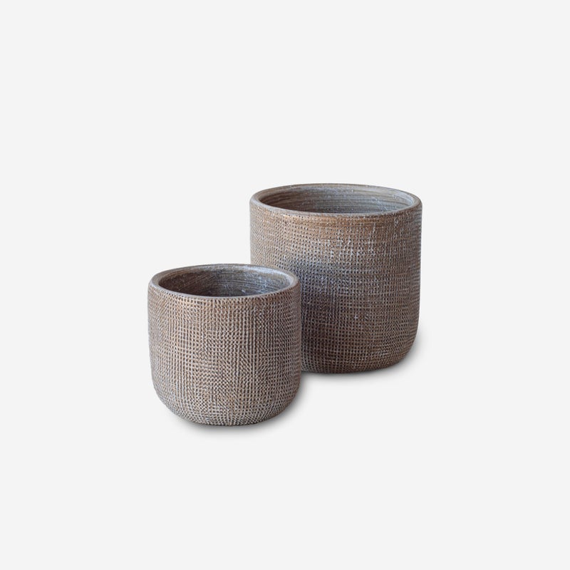 ZESTAW DWÓCH OKRĄGŁYCH CERAMICZNYCH DONICZEK W KOLORZE PIASKOWYM Ø11X10,5 I Ø8X7,5 CM