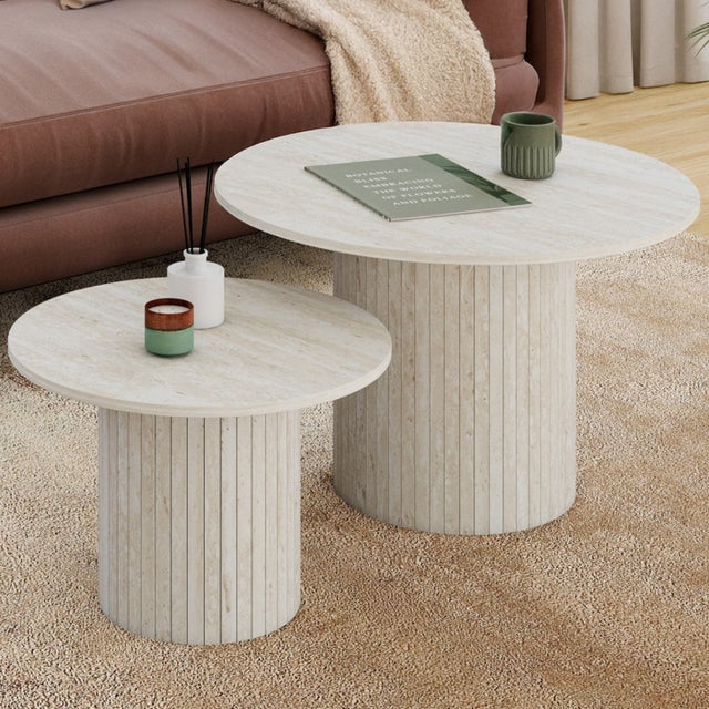 Lot de 2 tables basses gigognes JULIETTE rondes 50/70 effet lattes travertin