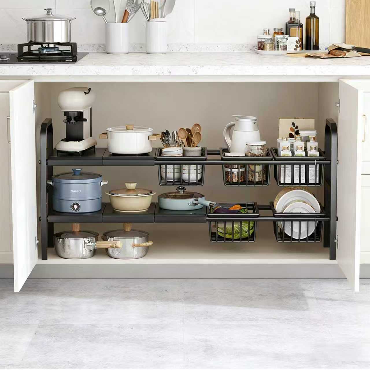 Rozkładana półka do szafki kuchennej z 5 półkami i 5 stalowymi koszami do przechowywania pod zlewem