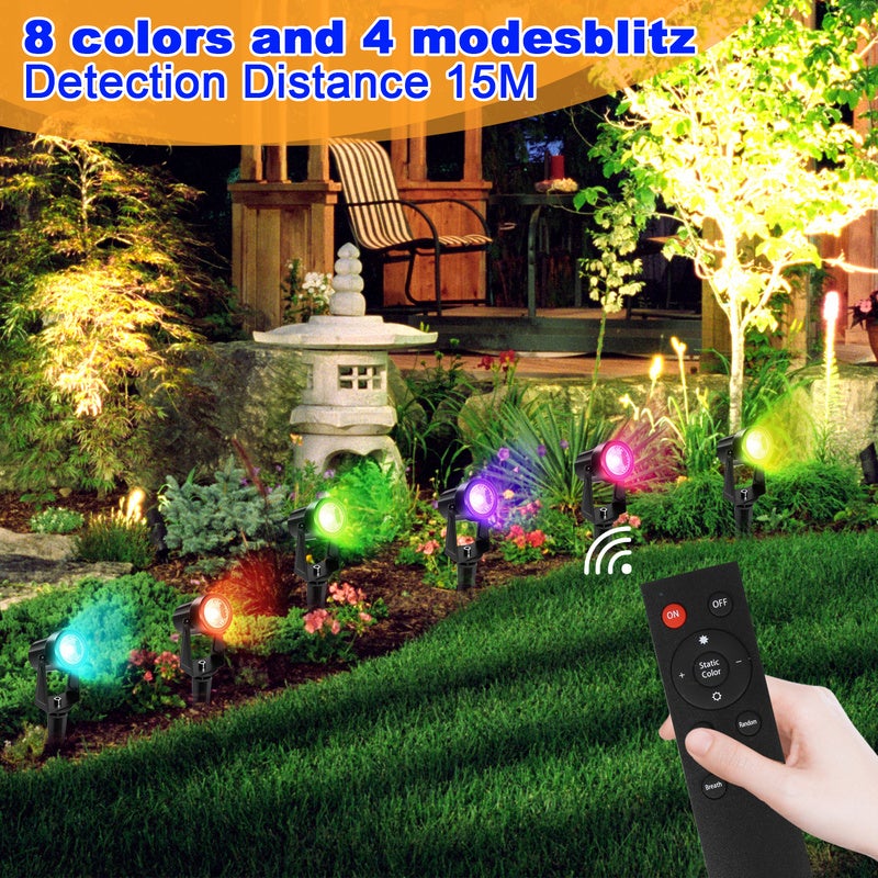 T-SUN 6-in-1 Faretti da Esterno Giardino RGB con Telecomando, 12V 24W COB Lampioni da Giardino RGB con Spina, Faretti Esterno Cambia Colore Impermeabile IP65 per Terrazza, Albero, Sentieri, Parchi