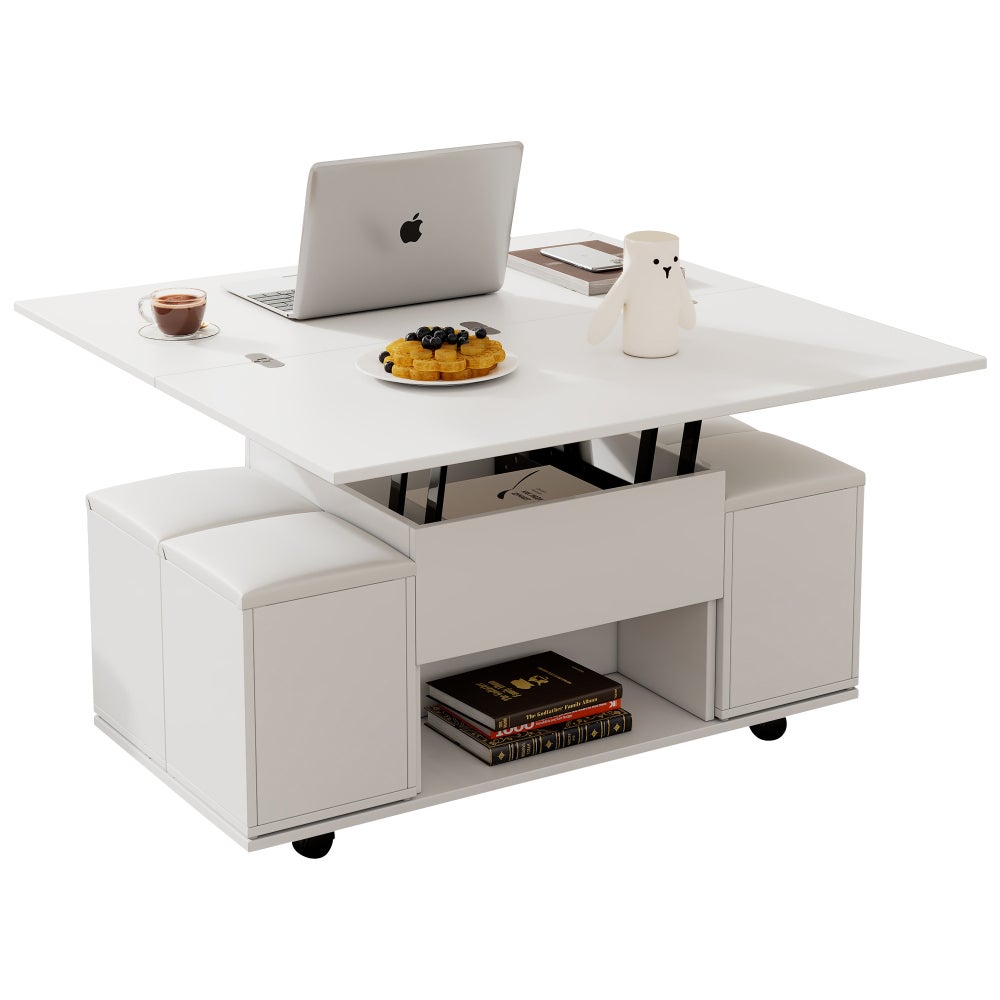 Table Basse Multifonction Réglable – 2-en-1 Bureau et Table à Manger, Surface en Bois Blanc, Espace de Rangement pour Salon et Bureau - 9