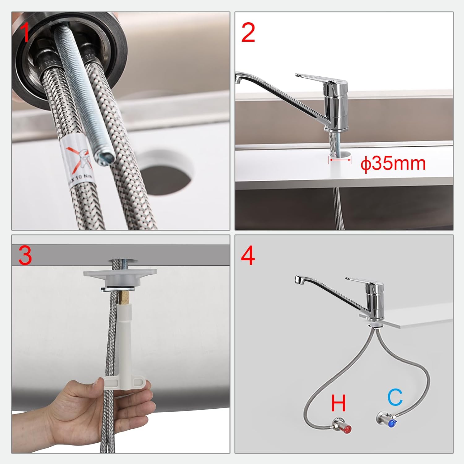 Robinet mitigeur d'évier, robinet de cuisine à levier unique, robinet mitigeur de cuisine rotatif à 360 °, tuyaux d'eau chaude et froide complets - 6