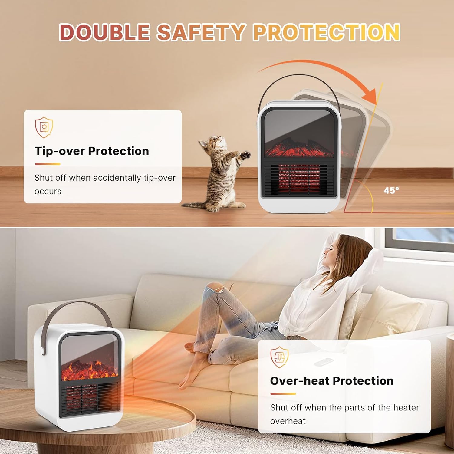 Miniaturowy energooszczędny grzejnik wentylatorowy, 1500 W efekt kominka elektrycznego, ogrzewanie pomieszczeń, [bezpieczny i cichy] - 5