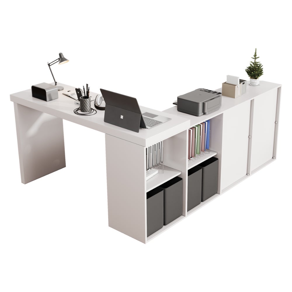 Bureau d’angle 360° pivotant en MDF robuste 4 cm avec 4 tiroirs et 4 compartiments – modulable en L ou droit, espace rangement optimisé - 9