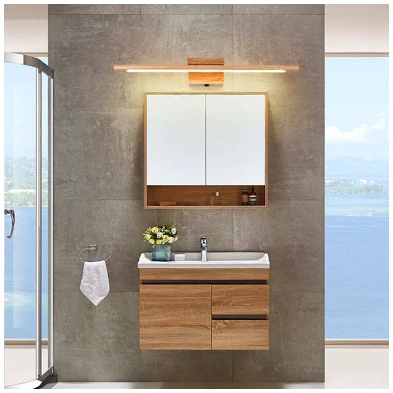 Lampe de miroir de salle de bain en bois avec interrupteur Applique murale d'intérieur moderne à LED IP44 Lampe, 60cm, 3000K - 3