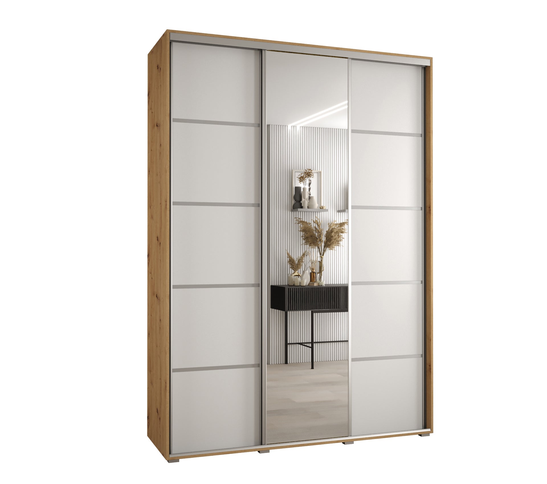 Szafa przesuwna z lustrem wysoka Davos 5 180 x 45 x 235,2 cm artisan + biały + u. srebrny - Abiks Meble