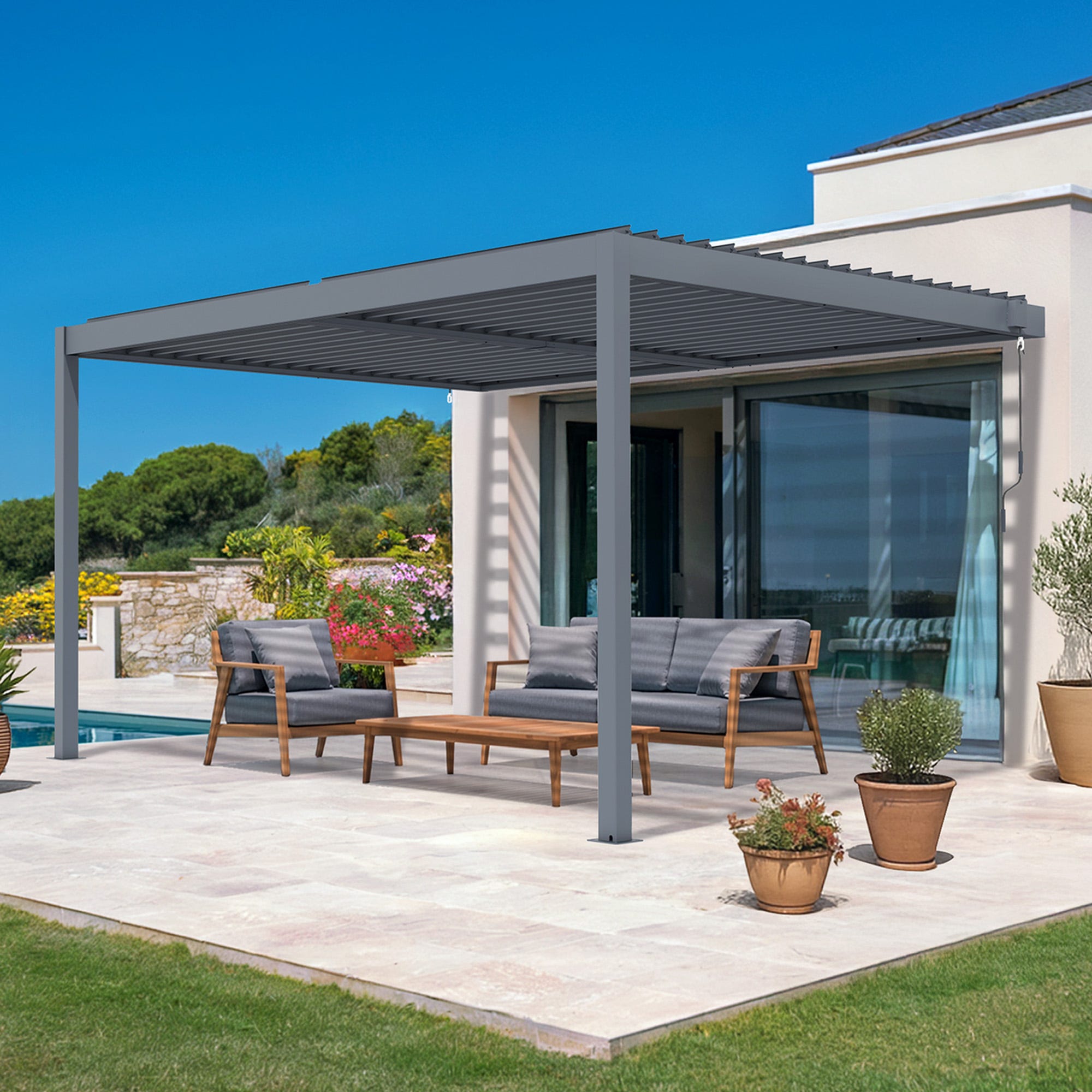 Pergola Bioclimatique Adoss e PIANA 4x3m Aluminium Gris Lames pergola-bioclimatique-adoss-e-piana-4x3m-aluminium-gris-lames