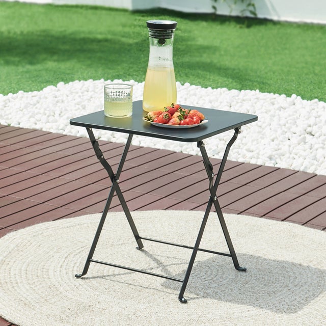 Table Pliante Balcon ESituro 62x62 Cm – Effet Bois, Métal Noir, Ultra-Stable – Parfaite Terrasse & Camping