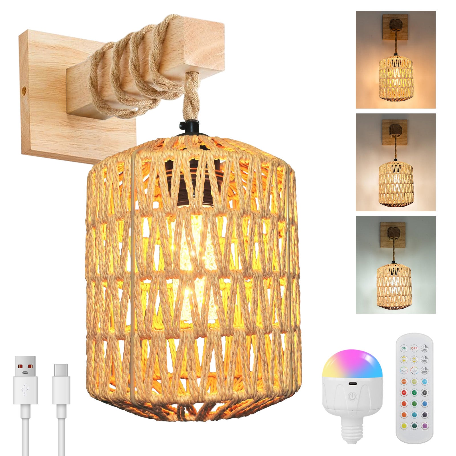 Kinkiet Rattanowy Boho Lampa Ścienna Bezprzewodowa LED RGB E27 z przyciemnianymi żarówkami 12 kolorów Pilot Akumulator USB