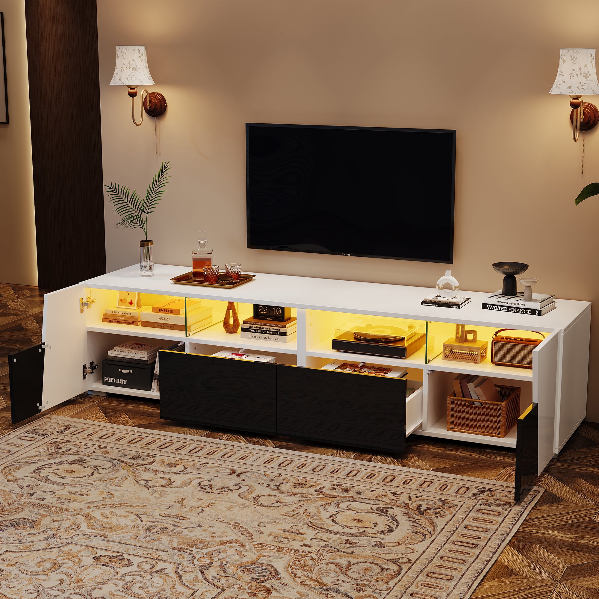 Stojak pod TV z 2 szufladami, 2 drzwiami i 2 przegrodami na telewizor 80 cali - 180 x 38,5 x 45 cm - diody LED - MDF + szkło - biały i czarny