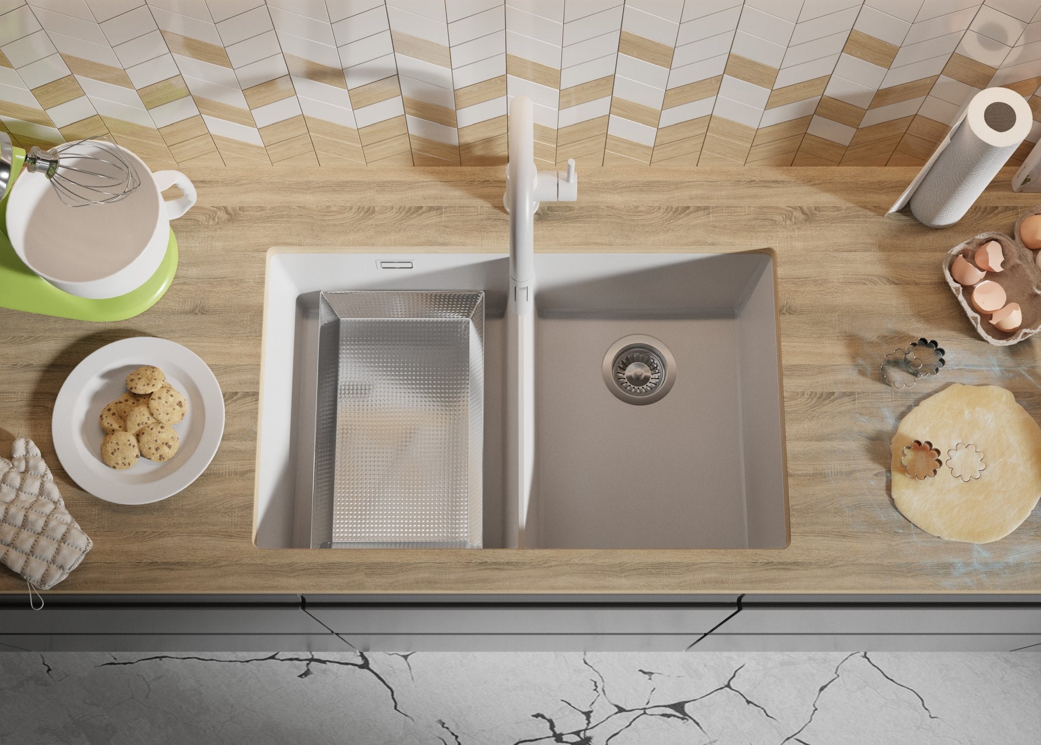 Lava-louça de encastrar Branco 76x47cm, Pia de Cozinha 2 cubas + Kit de drenagem, Pia em Granito em armários de 80cm - Madrid PRIMAGRAN - 8