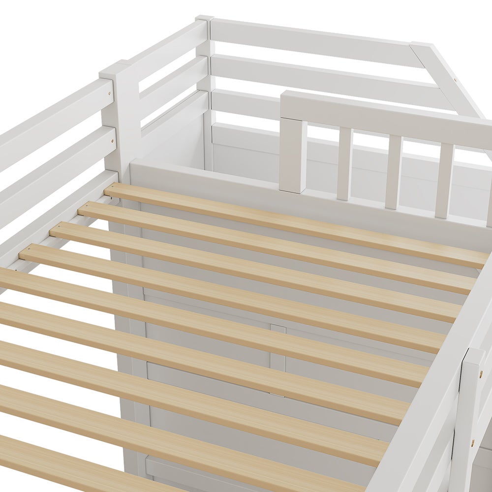 Lit en mezzanine 90x200 cm, avec sommier à lattes, rails, marches escamotables, espace librement combinable sur demande, certifié EN 747, blanc - 4