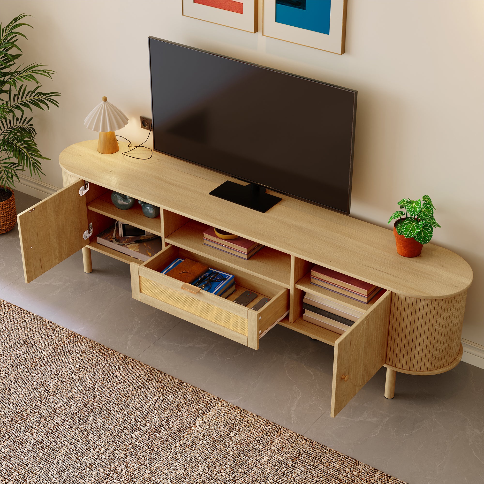 Stolik pod TV z 1 szufladą, 2 drzwiami i otwartą przegrodą - 175 x 36 x 51 cm - MDF i metalowe nogi - Naturalny