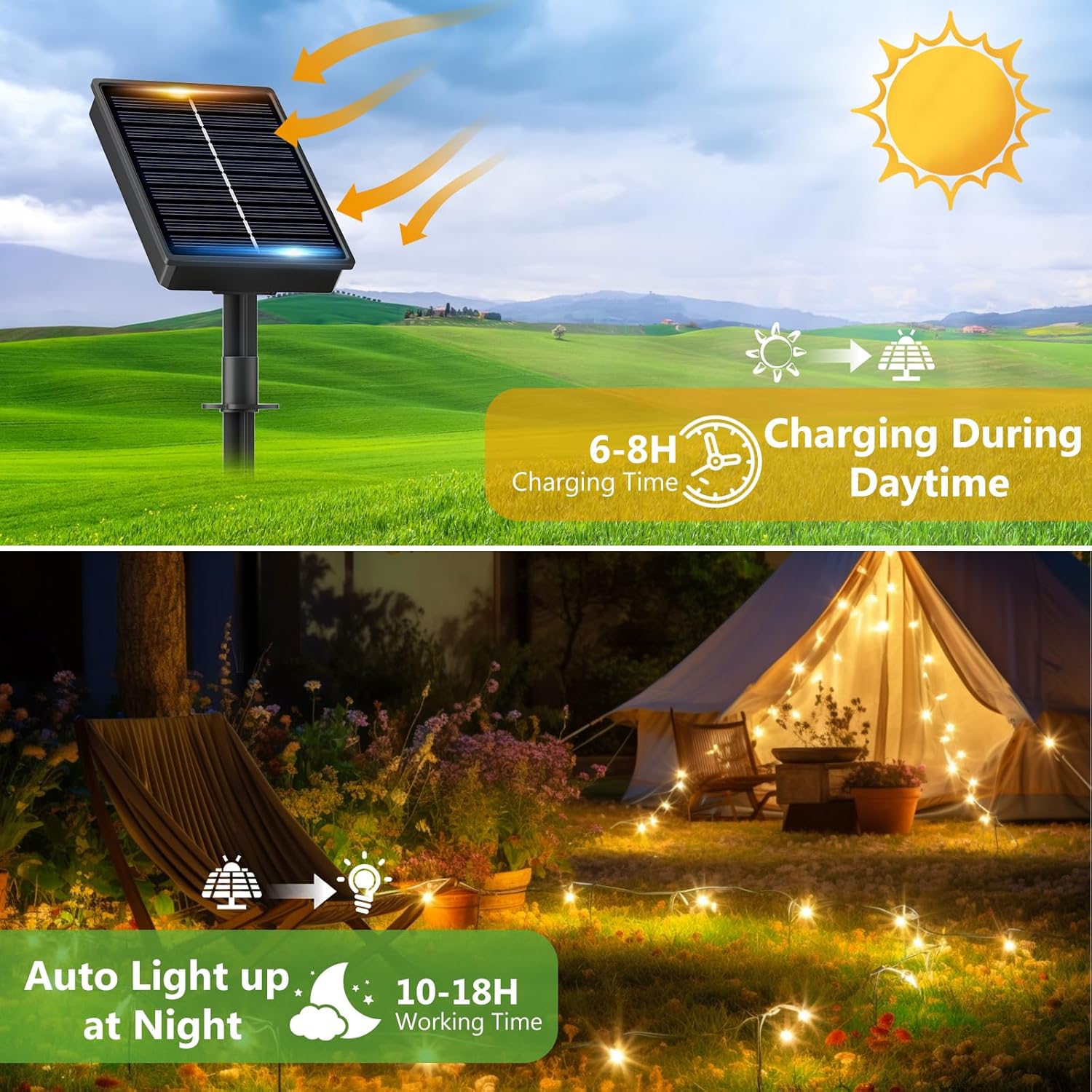 Guirlande lumineuse solaire d'extérieur, 2 x 20 m, 200 LED, étanche, lumière blanche chaude, 8 modes d'éclairage - 3