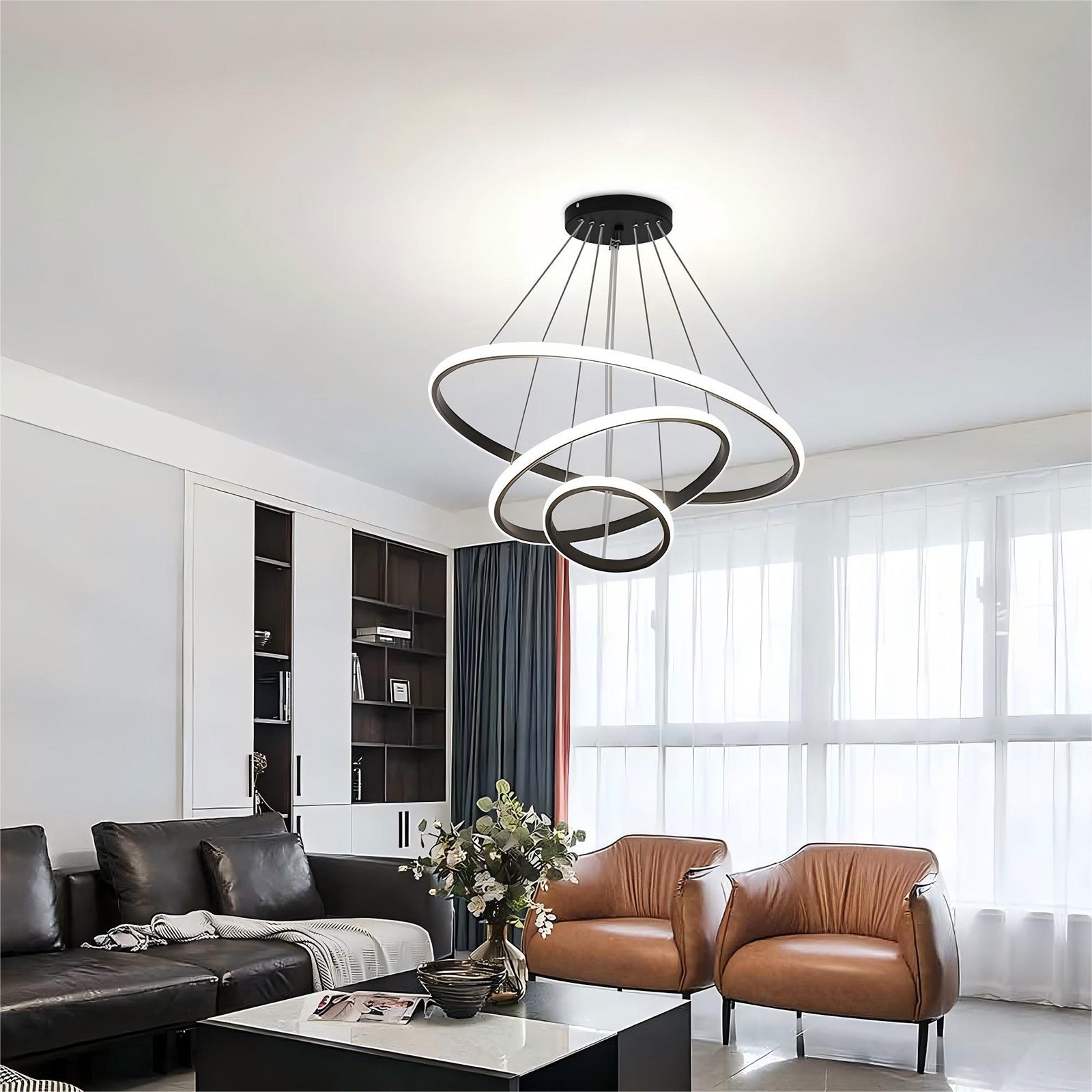GOECO Suspension Luminaire dimmable - Lustre LED Moderne pour Salon Salle à Manger - Avec télécommande Hauteur Réglable - Noir - Ø.20+40+60cm - 7