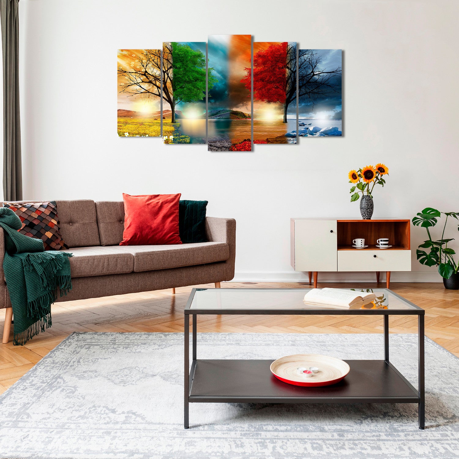 DekoArte - Impression Sur Toile Moderne | Décoration Salon Chambre | Paysage Quatre Saisons Arbres | 150x80cm - 4