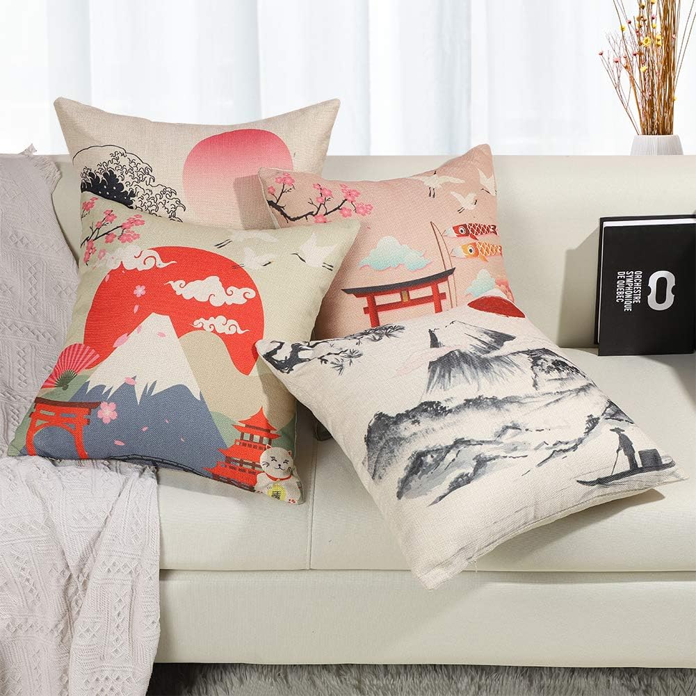 Housse de Coussin Japonais MT. Fuji Ukiyo-e en Taie d'oreiller Canapé Voiture Maison Lit Décor 45 x 45cm, Ensemble de 4 pièces - 4