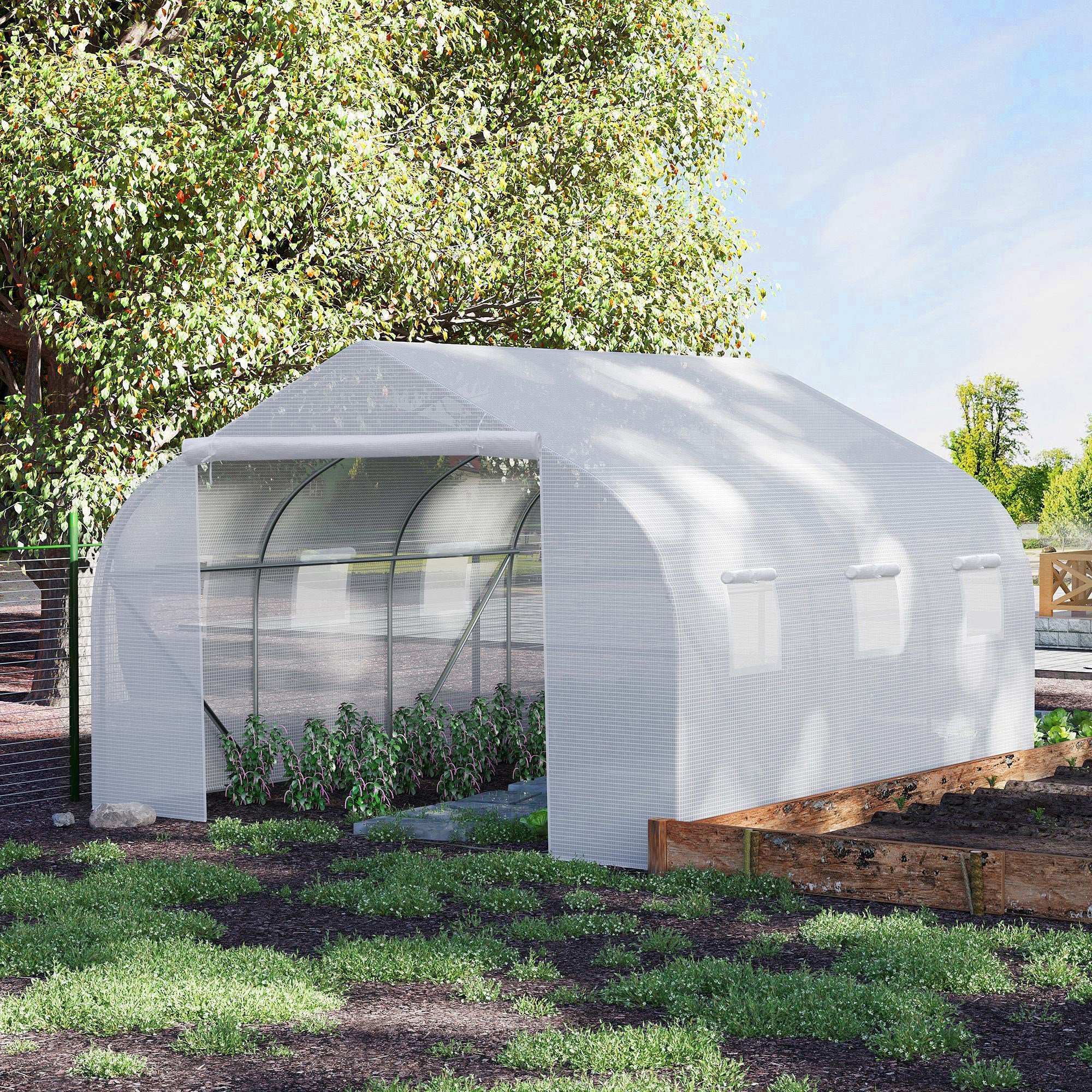 Serre Tunnel de Jardin 10,5 m² dim. 3,5Lx3lx2H m Porte + 6 fenêtres enroulables Acier galvanisé bâche PE Haute densité Blanc - 4