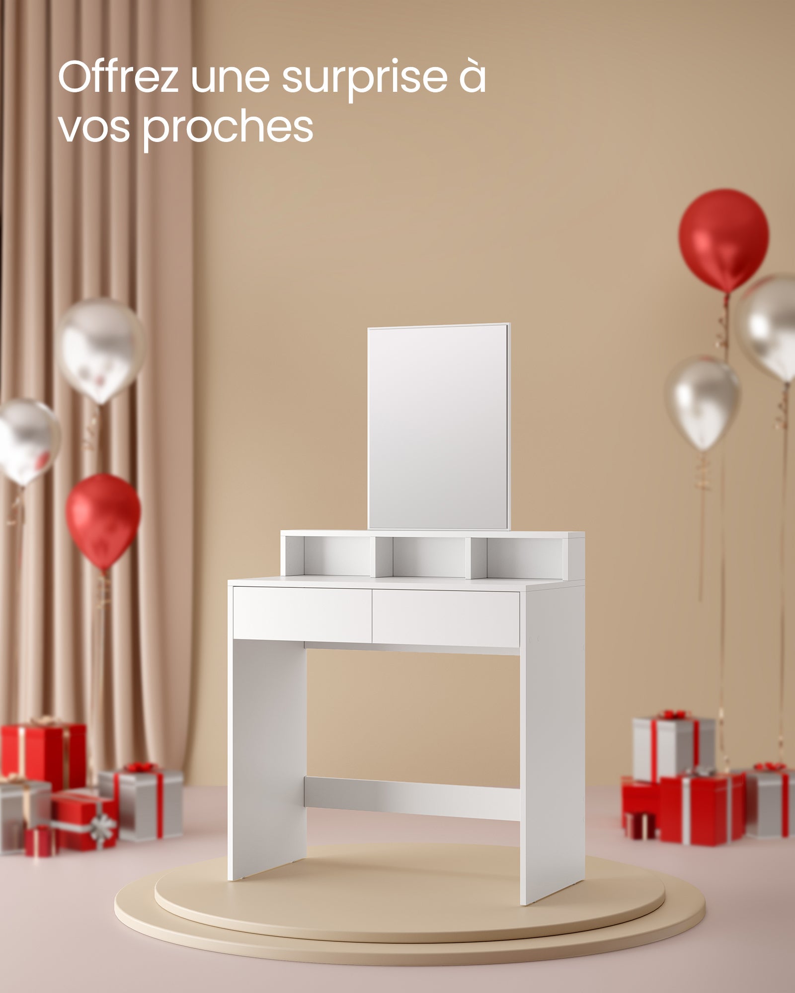 Coiffeuse Avec Miroir, 2 Tiroirs, 3 Compartiments De Rangement, 80 x 40 x 140 cm, SANS TABOURET, Style Moderne, Blanc - 7