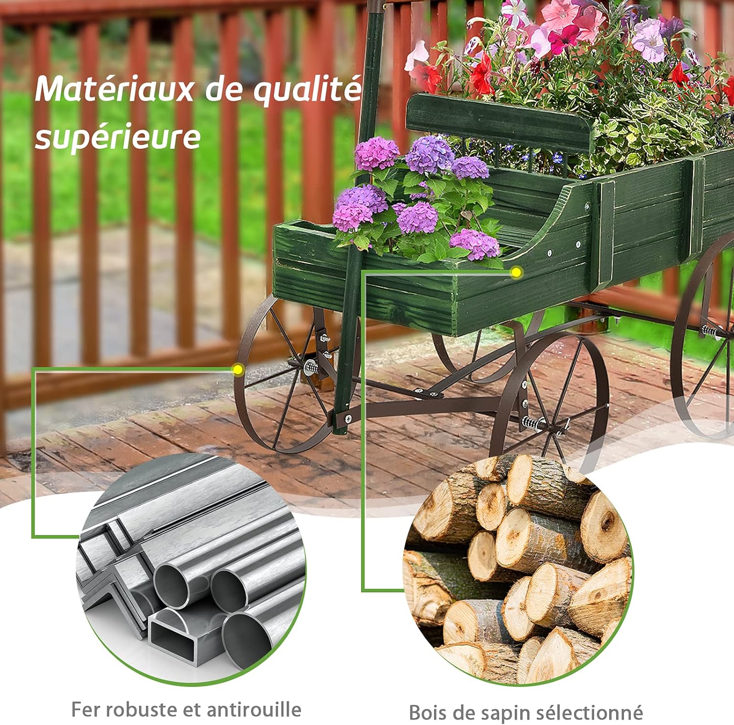 Brouette décorative en bois avec 2 compartiments à planter roues poignée charge 15kg vert - 7
