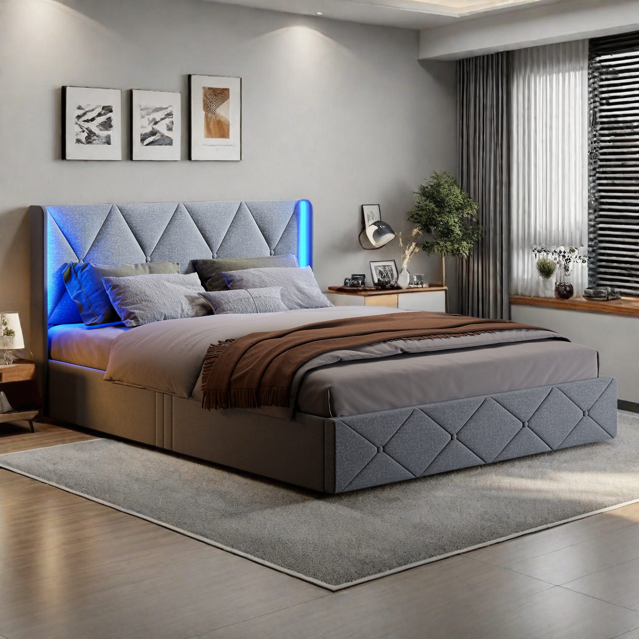 Lit coffre 160x200 cm avec sommier à lattes - lit adulte 160x200 cm avec LED et USB - Lit double 160x200 rangement soldes - tissu en velours - gris Lit coffre 160x200 cm avec sommier à lattes - lit adulte 160x200 cm avec LED et USB - Lit double 160x200 rangement soldes - tissu en velours - gris