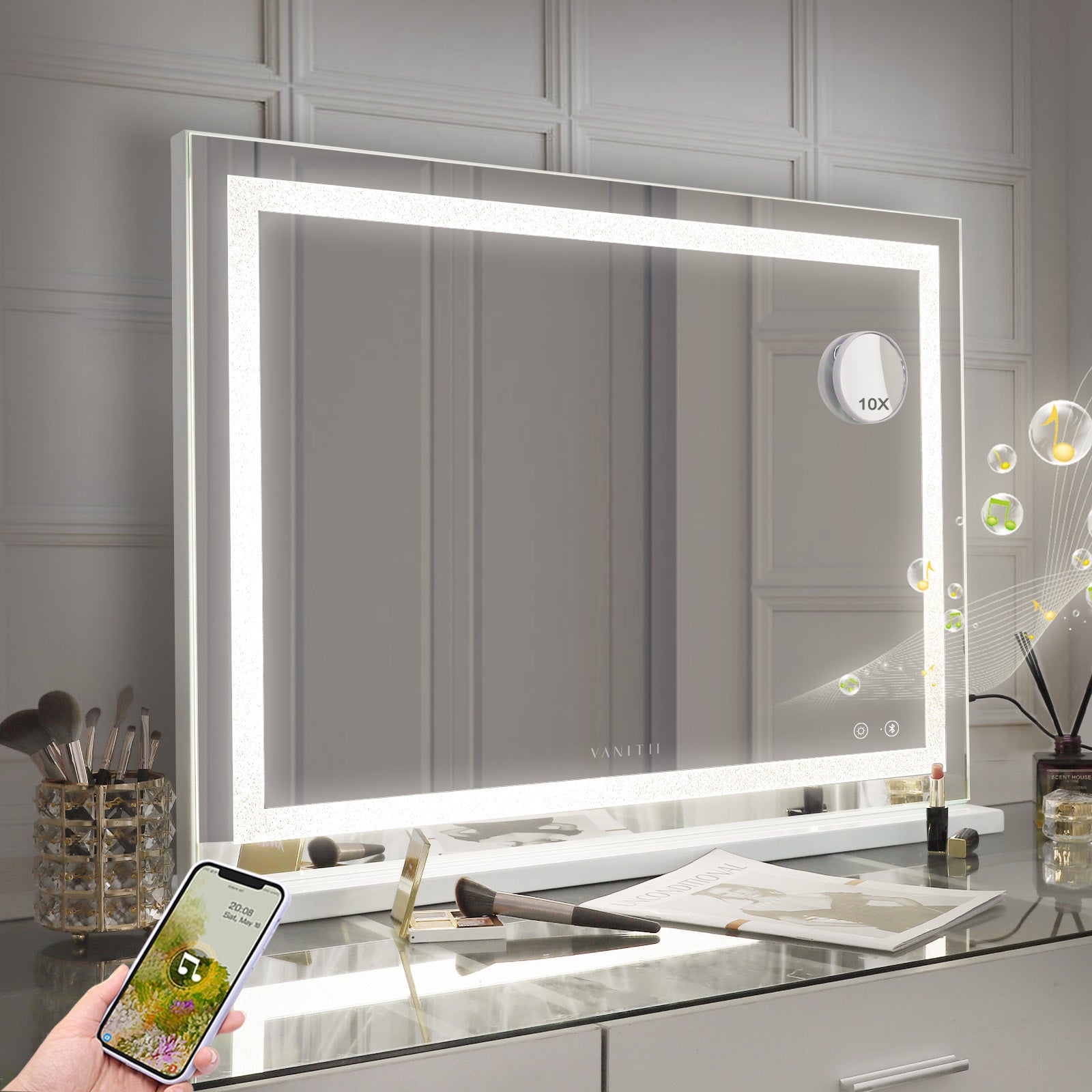 Miroir de maquillage Hollywood lumineux LED coiffeuse mural - 80 x 58 cm - Bande LED style cristal - Enceinte Bluetooth - 3