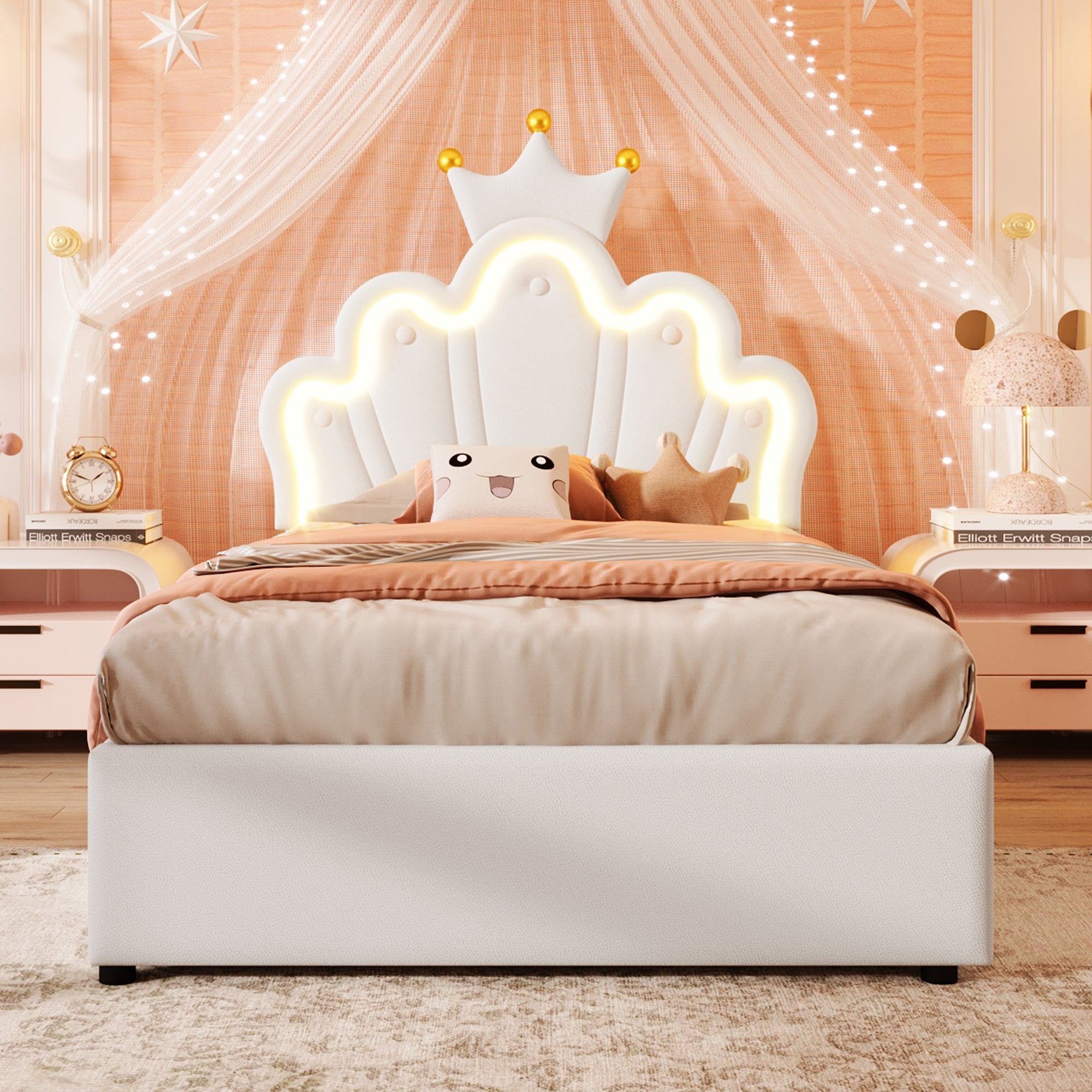 Lit coffre 90 x 200 cm avec tête de lit réglable en forme de couronne - Cuir PU - LEDs - Blanc (sans matelas) - 5