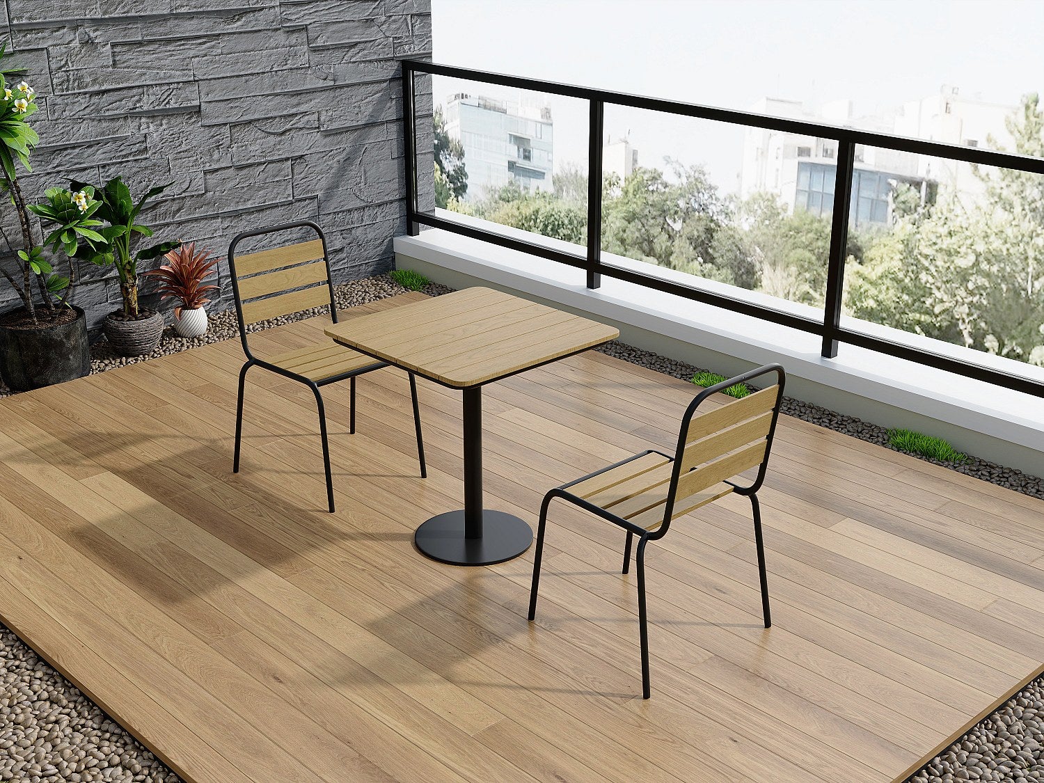 Meble ogrodowe z polywood i metalu: stół szer. 70 cm i 2 krzesła składane - Czarny - LYLIOS od MYLIA