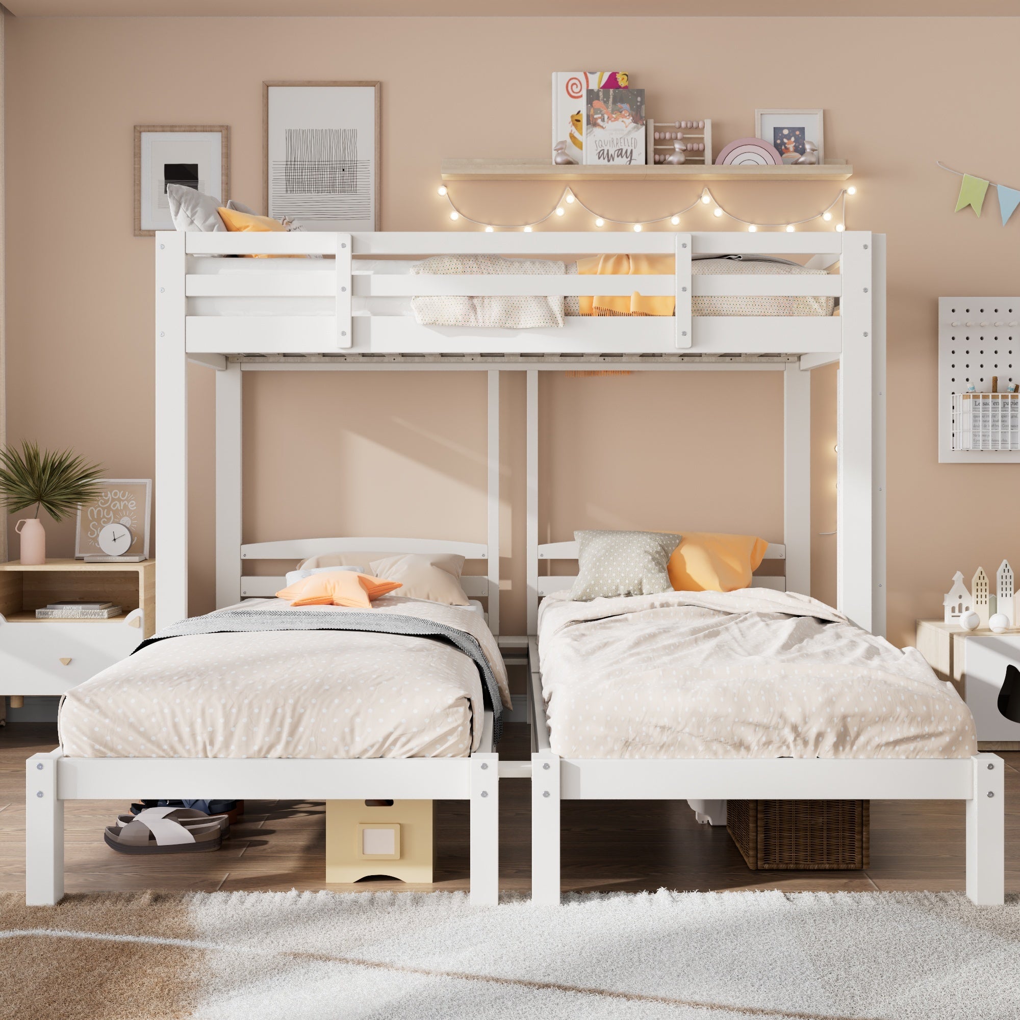 Lit Superposé Triple 90x200 Cm | Lit Enfant - Avec Toboggan Et Rangement, 1 Sommier Inclus, En Pin+MDF - Blanc (Sans Matelas) | Leroy Merlin