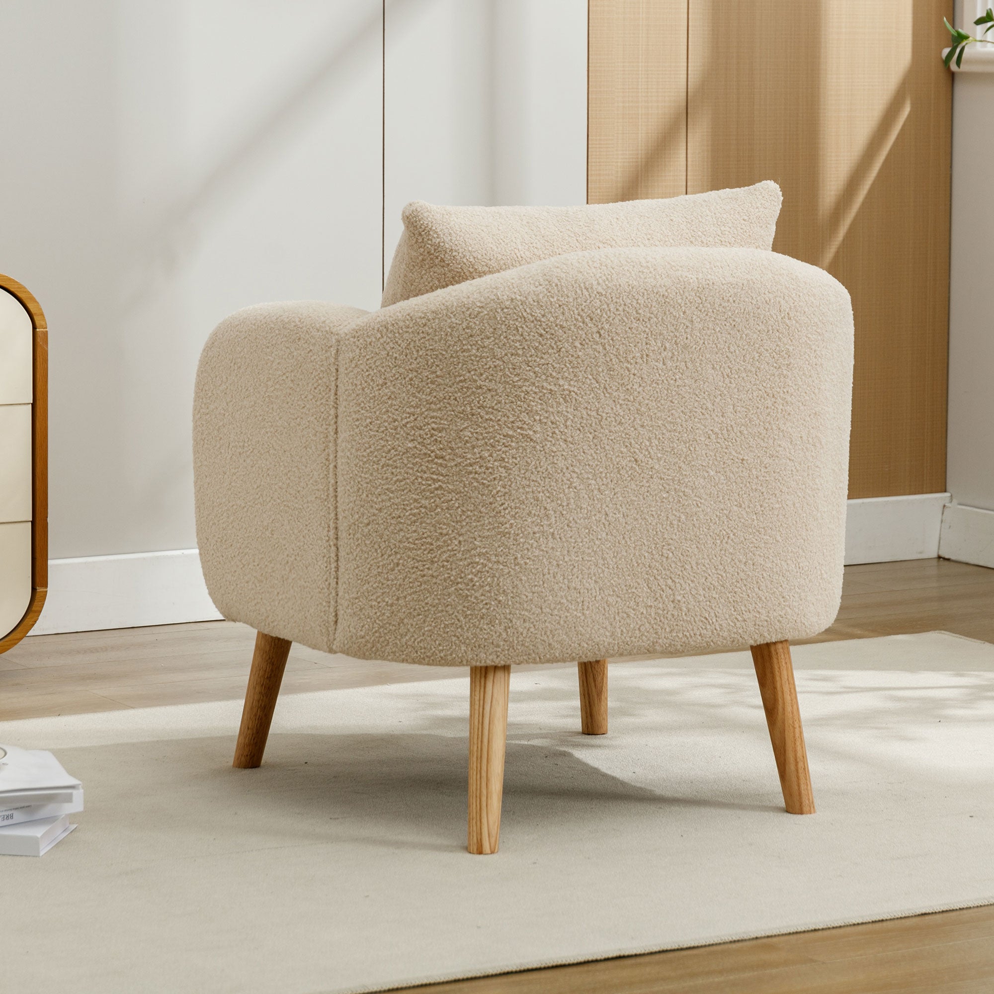 Fauteuil en tissu bouclette avec coussin épais - pieds en bois massif - beige - 4